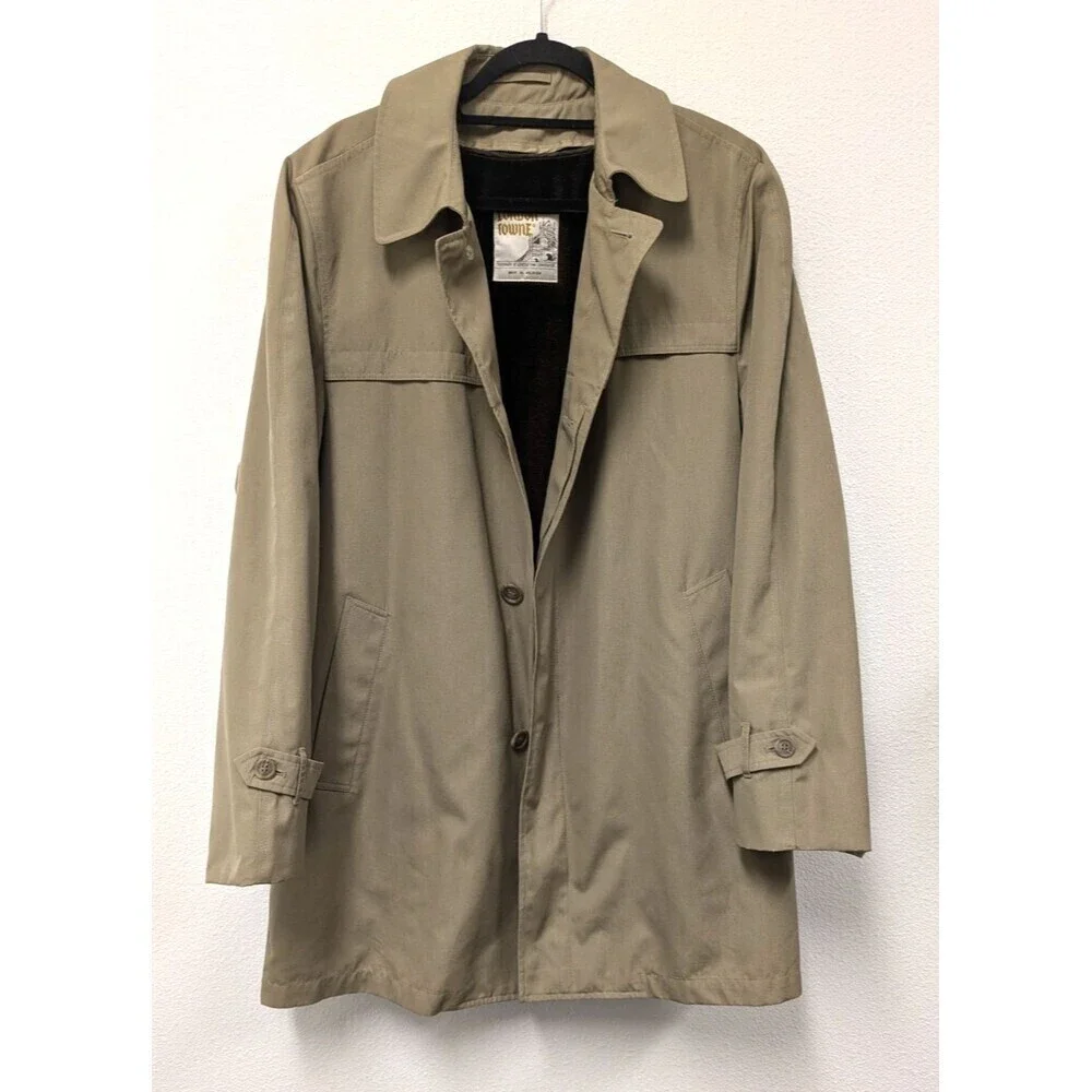 Vintage London Fog Towne Mens Tan Trench Coat Teddy Brown Faux Fur Lining sz 42R